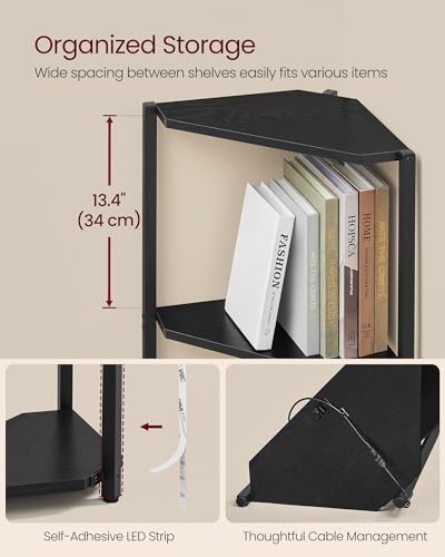 VASAGLE Corner Shelf Stand with LED Lights, 5-Tier Corner Bookshelf, Storage Shelf with Steel Frame, 9.8 x 18.9 x 57.7 Inches, for Living Room, Bedroom, Study, Ebony Black ULBC590B01 - color: Ebony Black