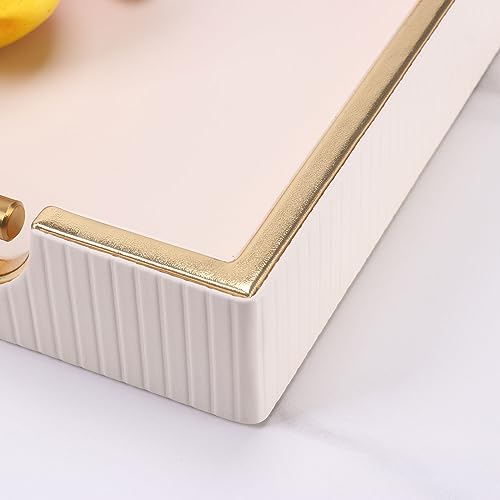 Wooden Structure Leather Decorative Tray With Brushed Champagne Gold Handle - Square Coffee Table Farmhouse Counter PU Serving Storage Tray (White) - color: White