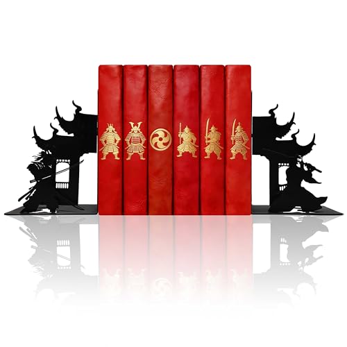 Samurai Decorative Bookends, Matte Black Iron Shelves Book Holders for Heavy Books, Unique Fantasy Book Ends for Home and Office, 7.9 x 1.2 x 5.9 Inches - color: Samurai Bookends