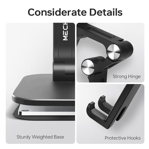 Foldable Phone Stand for Desk - Adjustable Height & Angle Cell Phone Holder, Portable Tablet Stand with Anti-Slip Base for Home, Office, and Travel, Compatible with iPhone & All 4-11" Devices (Black) - color: Black
