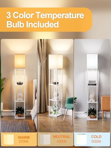 Floor Lamp with Shelves for Living Room White, Shelf Floor Lamp with 3 CCT LED Bulb, Corner Display Standing Column Lamp Etagere Organizer Tower Nightstand with White Linen Shade for Bedroom, Office - color: White