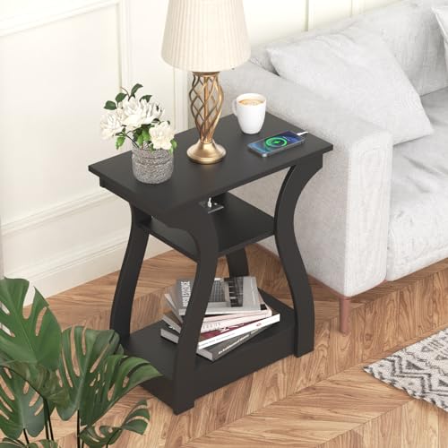 FROMJBEST End Table with Charging Station, Side Table with USB Ports and Outlets, Nightstand, 3 Tier End Table with Storage Shelf for Living Room, Bedroom (Black) - color: Black