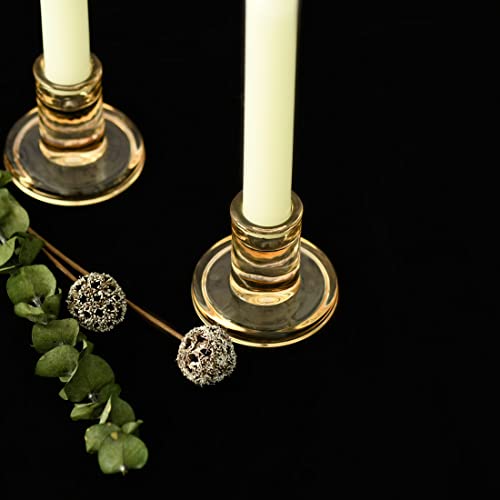Short Solid Amber Gold Glass Taper Candle Holders Heavy Low Candlestick Holders for 5/6-7/8 inch Wide Tapered Candles- Set of 6, Wedding Party Table Centerpieces Decorations - color: Amber Gold