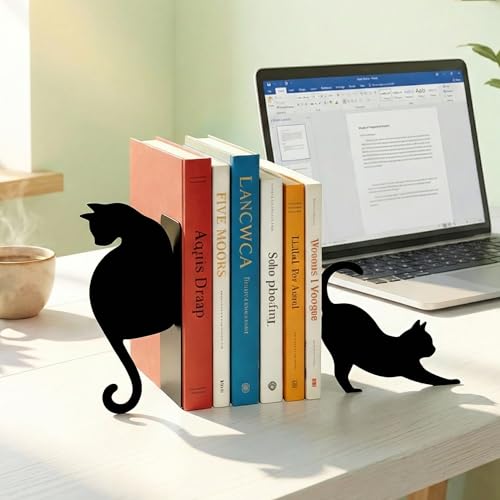 Sanwarm Metal Bookends Cat Vintage Black Fun Book Ends Decorative Bookend for Home Office Library Desk Book Shelves Decor, Gift for Reading Enthusiasts Non-Skid Book Stoppers Holder (1 Pair) - color: Black Cat 3