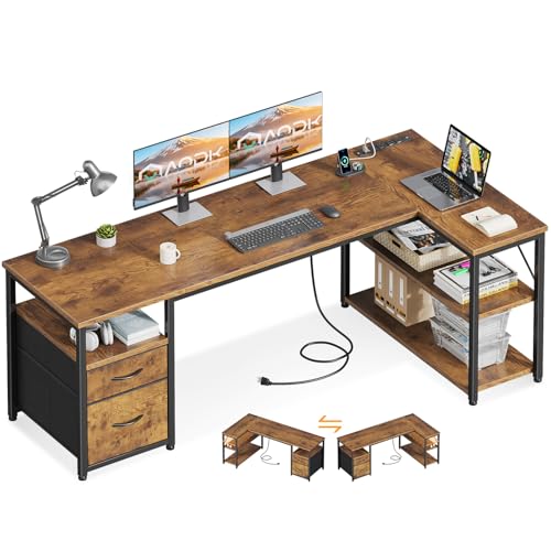 AODK 63 inch L Shaped Computer Desk with Drawers, Reversible Computer Desk with Storage Shelves, Home Office Desk with Built-in Power Outlet, Rustic Brown - color: Rustic Brown, size: 63 Inch