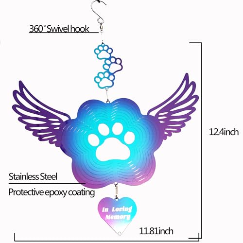 Pet Memorial Wind Spinners, Cat Memorial Gifts,Stainless Steel Angel Wings Pet Paw Print,Dogs and Cats Remembrance, Pet Sympathy,Pet Loss Bereavement Gifts - color: Purple-blue Paw Print