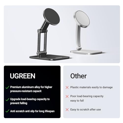 UGREEN Magnetic Phone Stand Compatible with MagSafe Holder for Desk Ergonomic Design Adjustable, Aluminum Cell Phone Stand Compatible for iPhone 17 Air 16 15 14 13 12 Pro Max and MagSafe Case, Black - color: Black