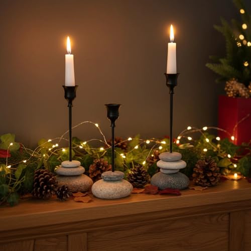 3 Pack Modern Tapered Candlestick Holders with Removable Cup, Handmade Stone Look Candle Holder, Weighted Base Resin Candle Sticks Holder Decor for Dining Table, Mantel & Home