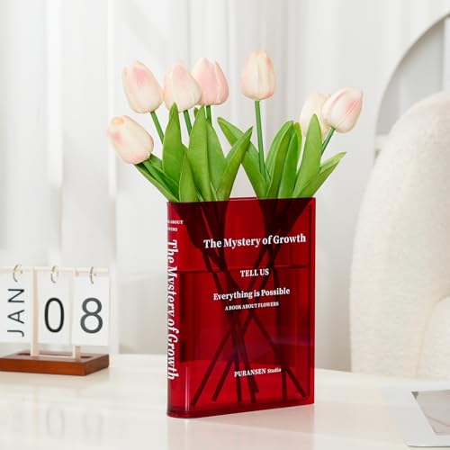Puransen Red Book-Shaped Vase for Flowers - Aesthetic Room Decor for Modern Home/Office, Minimalist Shelf Organizer with Floral Display, for Book Lovers & Interior Design Enthusiasts - color: Transparent Red
