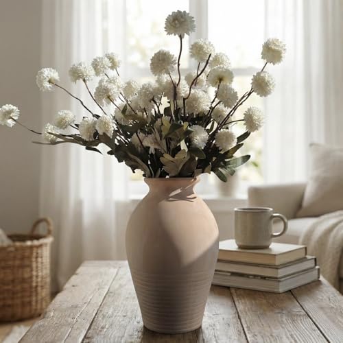 Ceramic Whitewashed Terracotta Farmhouse Vase, 9.2 inch Height, Pottery Decorative Flower Vases,Clay Decorative Vases for Home Decor, Table, Living Room, Shelf, Mantel Decoration (Terracotta White) - color: Terracotta White