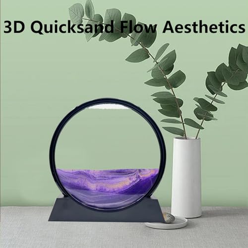 Moving Sand Art Liquid Motion, 3D Deep Sea Sandscape Color Quicksand Decor, Round Glass Moving Sand Art Picture Relaxing Desktop Home Office Work Decor (12 inch-Purple) - color: Purple, size: 12 Inch