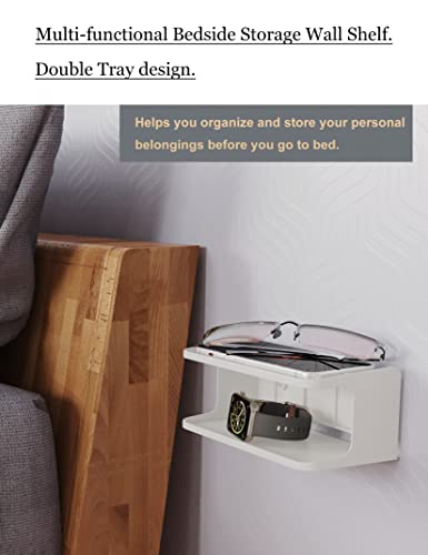 2-Shelf Bedside Shelf Organizer, Modern/Contemporary Style, Wall Mount, Double Tray Holder for Bedroom, Bathroom, Electronic Devices, Personal Items - color: White