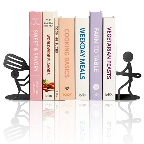 ENCIMART Bookends Decorative Metal Book Ends for Shelves, Kitchen Bookends for Heavy Books, Unique Cute Cookbook Organizer Book Holder for Kitchen Housewarming Cooking Book Lover Gifts - color: Black Cook