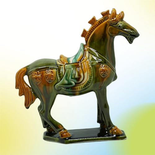 Handmade Tang Dynasty Tri-Color Horse Ceramic Sculpture - 19cm Traditional Chinese Cultural Art Decor - Symbol of Prosperity & Good Fortune - Perfect for Home, Office, Bookcase Shelf(Grass Green) - color: Grass Green