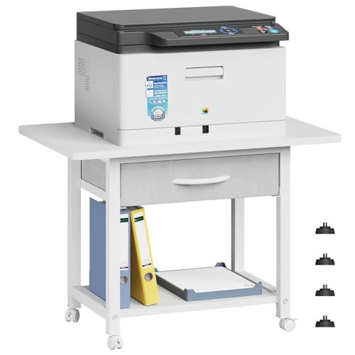 YAOHUOO 22"x15" Large Printer Stand with Storage Drawer, 2-Tier Under Desk Table for Home Office, Fits Fax Machine/3D Printer/Scanner (White) - color: White, size: 2-Tier