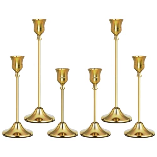 Gold Candlestick Holders Set of 6, Weighted, Metal Taper Candle Stick Holders, Vintage Christmas Brass Home Decor for Table, Mantel, Room Decorations Housewarming Gift Gold-6 - color: Gold, size: Set of 6
