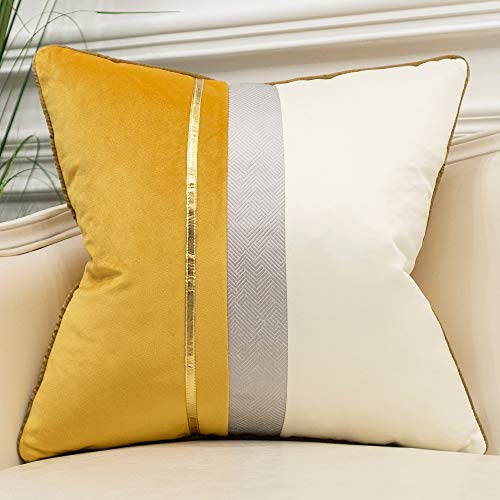 Avigers 18 x 18 Inches Yellow White Gold Leather Striped Patchwork Velvet Cushion Case Luxury Modern Throw Pillow Cover Decorative Pillow for Couch Living Room Bedroom Car - color: Yellow, size: 18" x 18" (Pack of 1)