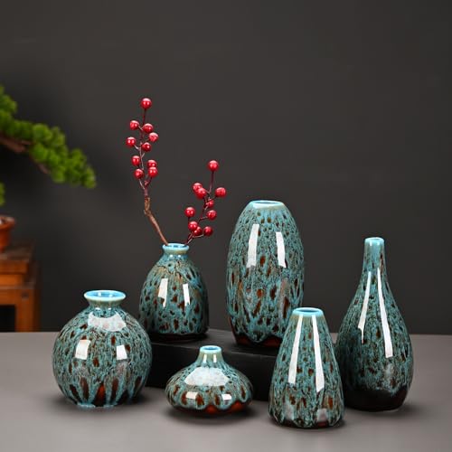 Ceramic Bud Vase Set, Fambe Blue Glazed Finish, Decorative Flower Vases (Blue-Set of 6) - color: Blue-set of 6
