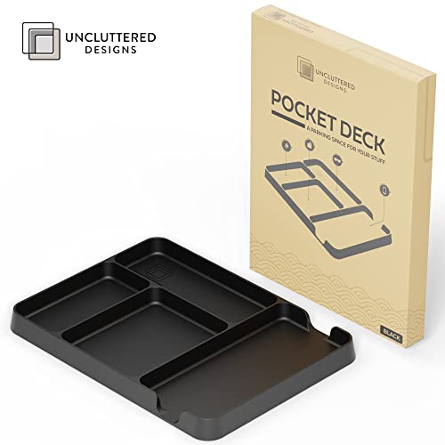 Pocket Deck Valet Tray (Black) for Men. Everyday Carry EDC Caddy Bamboo Organizer. Perfect for Night Stand, Bedside, Dresser, Desk, Office, Bedroom. with Phone Charger. Storage Slots for Wallet, Keys