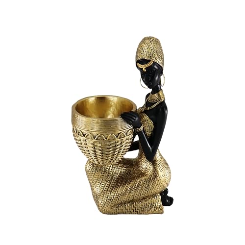 African Resin Woman Statue with Bowl – Golden Kneeling Tribal Figurine for Home Decor, Candy Dish, Jewelry Holder, Boho Shelf Accent - color: 305gold