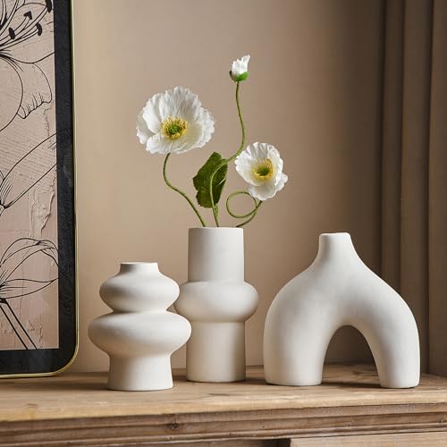 Ceramic Farmhouse Vase Set of 3, Rustic Centerpiece Vases for Fresh Dried Flowers Pampas Grass Bouquets, Boho Home Decor for Living Room Kitchen Entryway Table Mantel, Wedding Decor - color: White Vase - C