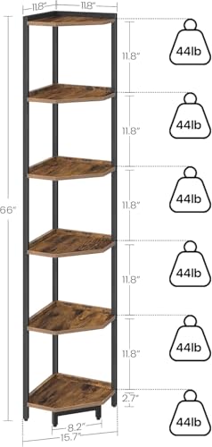 Hzuaneri Corner Shelf Stand, Corner Bookshelf, Storage Standing Shelf Unit with Metal Frame, Plant Stand, Bookcase for Living Room, Home Office, Bedroom, 6-Tier Rustic Brown CS06001B - color: Rustic Brown, size: 6 Tier