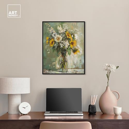 Art Remedy Sunflowers In A Glass Vase Canvas Vintage Farmhouse Wall Art, Black Frame, 20" x 24" - color: Black Frame, size: 25"L x 21"W