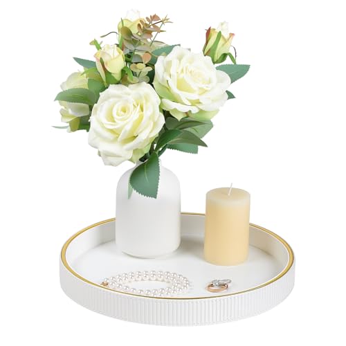 Round Decorative Tray for Coffee Table Decor, PU Leather Coffee Table Tray Golden Trim for Home Decor Living Room Dining Table, Perfume Trays Nightstand Organizer (White) - color: White