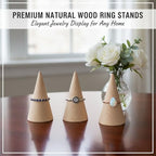 Natural Wood Ring Display Cones, 10 Pack Vertical Jewelry Holder Stands, DIY Craft Finger Ring Organizer