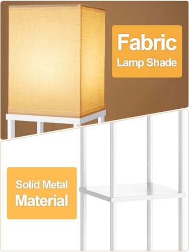 Floor Lamp with Shelves for Living Room White, Shelf Floor Lamp with 3 CCT LED Bulb, Corner Display Standing Column Lamp Etagere Organizer Tower Nightstand with White Linen Shade for Bedroom, Office - color: White