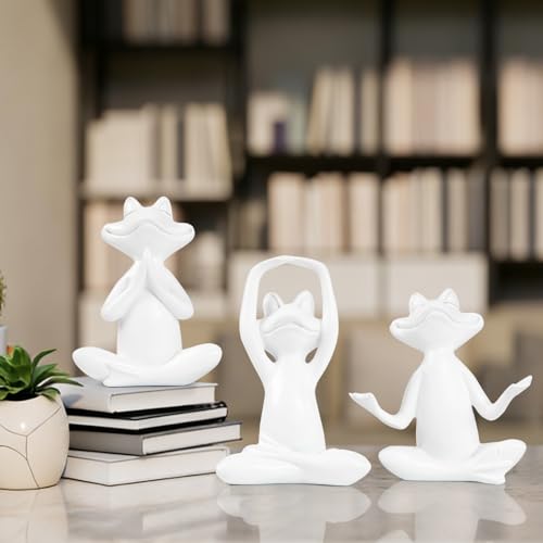 Suoedd White Frog Figurines Yoga Decor Set of 3 –Frog Yoga Statues for Modern Living Room Table Office Bookshelf Shelves Home Sculptures Decor - color: White Frog-3