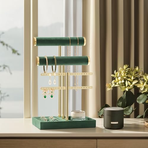 bussdis 3 Tier Bracelet Holder Display - Detachable T Bar Dark Green Velvet Bracelet Holder, Jewelry Holder Organizer for Bracelet, Necklace, Earrings, Rings - color: Dark Green, size: Standard