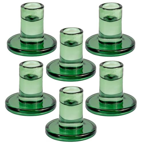 TELOSMA Green Glass Candlestick Holders 6PCS, Short Candle Holders fit to Taper Candles which Diameter 5/6-7/8 inch- Summer Dinner Table Decor, Winter Windowsills/Fireplace Mantel Centerpiece - color: Green