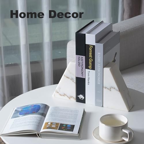 Marble Book Ends White, Heavy Duty Book Ends for Shelves, Decorative Natural Book Stopper，Unique Decorative Bookend for Home Shelves Calacatta Natural Marble Bookend, Set of 2 - color: Calacatta