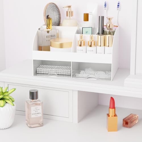 Makeup Organizer with Drawers, Cosmetic Storage for Dresser Vanity and Bathroom Countertop, Beauty Holder for Lipstick Brush, Skincare Organizer for Vanity, Cosmetic Display Case (White-2P) - color: White-2Pack