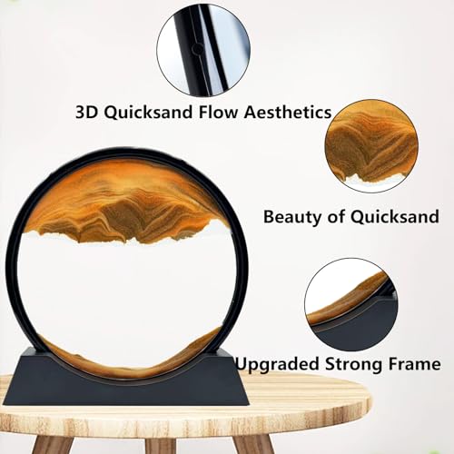 Moving Sand Art Liquid Motion, 3D Deep Sea Sandscape Color Quicksand Decor, Round Glass Moving Sand Art Picture Relaxing Desktop Home Office Work Decor (12 inch-Yellow) - color: Yellow, size: 12 Inch