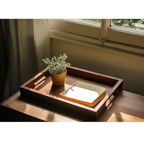 2 Sizes Acacia Wood Serving Tray with Handles, 17x13 & 16x12 inch Rectangular Ottoman Trays, Decorative Wooden Tray for Food, Drinks, Coffee Table, Living Room, Kitchen, Brown, 2 Pack