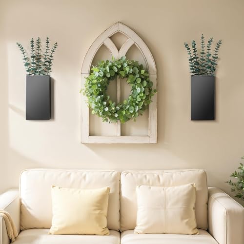2 Pack Metal Wall Planter Vases Decor with Artificial Eucalyptus, Modern Farmhouse Rustic Hanging Pocket Planters for Indoor Greenery and Flowers, Living Room Bedroom Kitchen Decoration, Black - color: Black
