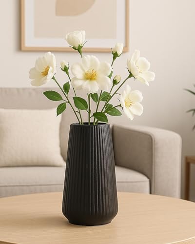 Black Ceramic Vase, 8 Inch Flower Vase for Pampas Grass, Modern Minimalist Ribbed Decorative Vase for Living Room Table, Shelf Decor - color: Matte Black01