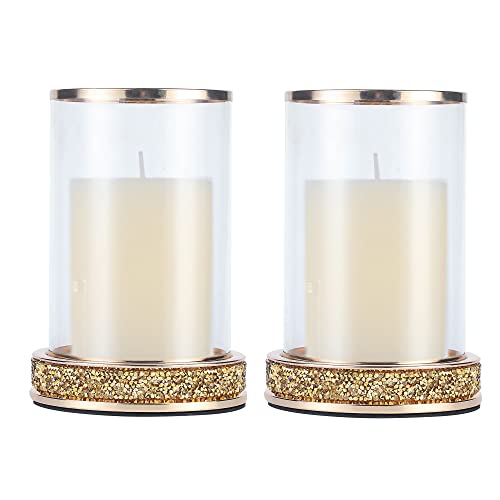 Pillar Candle Holders Set of 2,Hurricane Candle Holders,Candlesticks Holder With Glass Hurricane Lid,Metal Candle Holder For Coffee Dining Table, Wedding, Christmas, Home Decoration,Gold Candle Holder - color: Gold Rhinestone