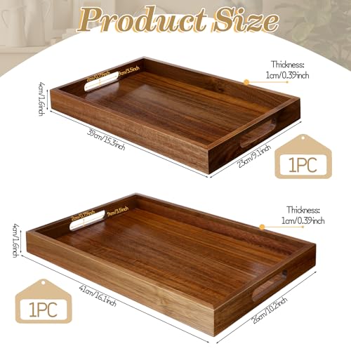 2 Pack Solid Acacia Wood Serving Trays with Handles, Rectangular Wooden Serving Platters, Decorative Servings Trays Set, Portable Ottoman Tray–Great for Lap &Couch, 16"+15"