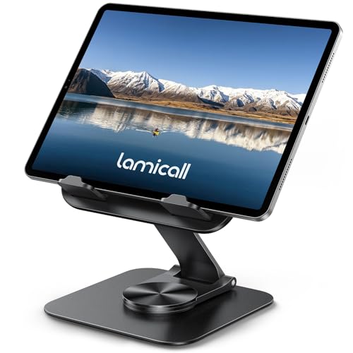 Lamicall Adjustable iPad Stand for Desk - [Ultra-Slim Foldable][360°Rotation] Tablet Stand with Heavy-Duty Base, Tablet Holder Gifts for 4.7-13" Devices, 2025 iPad Pro Air Mini, Kindle, iPhone 17 Pro - color: Black