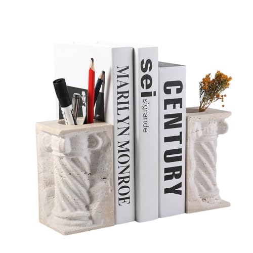Roman Column Book Ends Decorative, 4-in-1 Heavy Duty Marble Bookend for Shelves, Unique Pen Holder & Mini Flower Vase, Classic Greek Statue for Office Home Desk Decor (2PC, Beige) - style: Classical -Beige