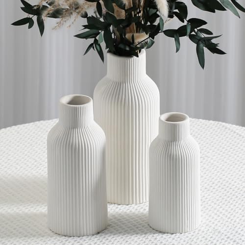 Bohemian White Ceramic Vase - for Pampas Grass, Mantel, Bookshelf, Entryway and Living Room Decor (White, Set of 3) - color: White, size: Set of 3