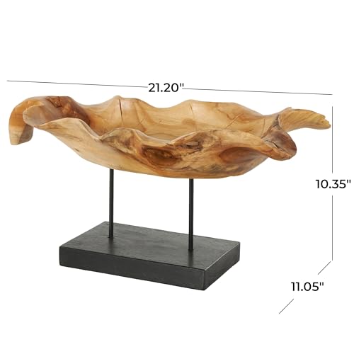 Deco 79 Teak Wood Leaf Decorative Sculpture Floating Home Decor Statue with Black Stand and Base, Accent Figurine 21" x 11" x 10", Brown