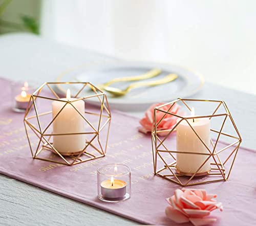 Hewory Geometric Tealight Candle Holders Gold, Modern Metal Geo Wedding Centerpieces for Table, Votive Candle Stand Accent for Tea Light for Home Shelf Mantel Christmas Birthday Party Decor, 12pcs