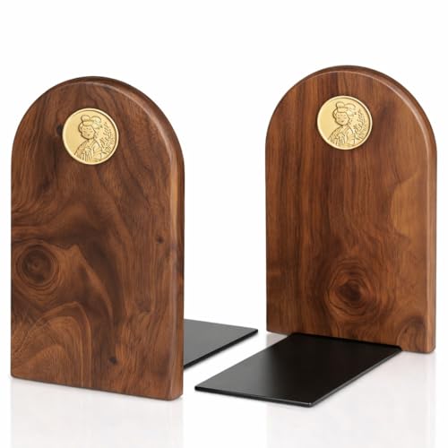 Black Walnut Wood Bookends for Shelves, 1 Pair (2 Pieces) Heavy Duty Solid Wood Book Ends with Embedded Metal Emblem, Decorative Book Supports for Home & Office