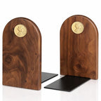 Black Walnut Wood Bookends for Shelves, 1 Pair (2 Pieces) Heavy Duty Solid Wood Book Ends with Embedded Metal Emblem, Decorative Book Supports for Home & Office