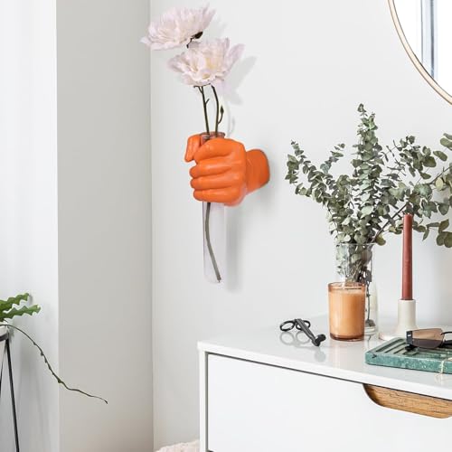 Orange Wall Sculptures, Hand Vases Home Decor, Wall Mount Art Sculpture, Unique Wall Art Statue, Funky Flower Vase Decorations, Modern Eclectic Hanging Decor,Glass Test Tube Vase (Orange) - color: Orange