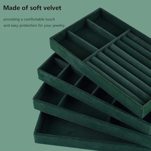 Stackable Jewelry Organizer Trays for Drawer, Set of 4 Velvet Jewelry Drawer Inserts in Dresser, 8in Storage Display Case for Rings Stud Necklaces Accessories(Green) - color: Green
